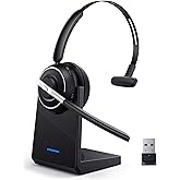 Bluetooth Headset, Wireless Headset with Microphone for PC, V5.2 Computer Headset with Noise Cancelling Mic, USB Dongle, Charging Base & Mute Button for Work, Cell Phones, Computer (Black)