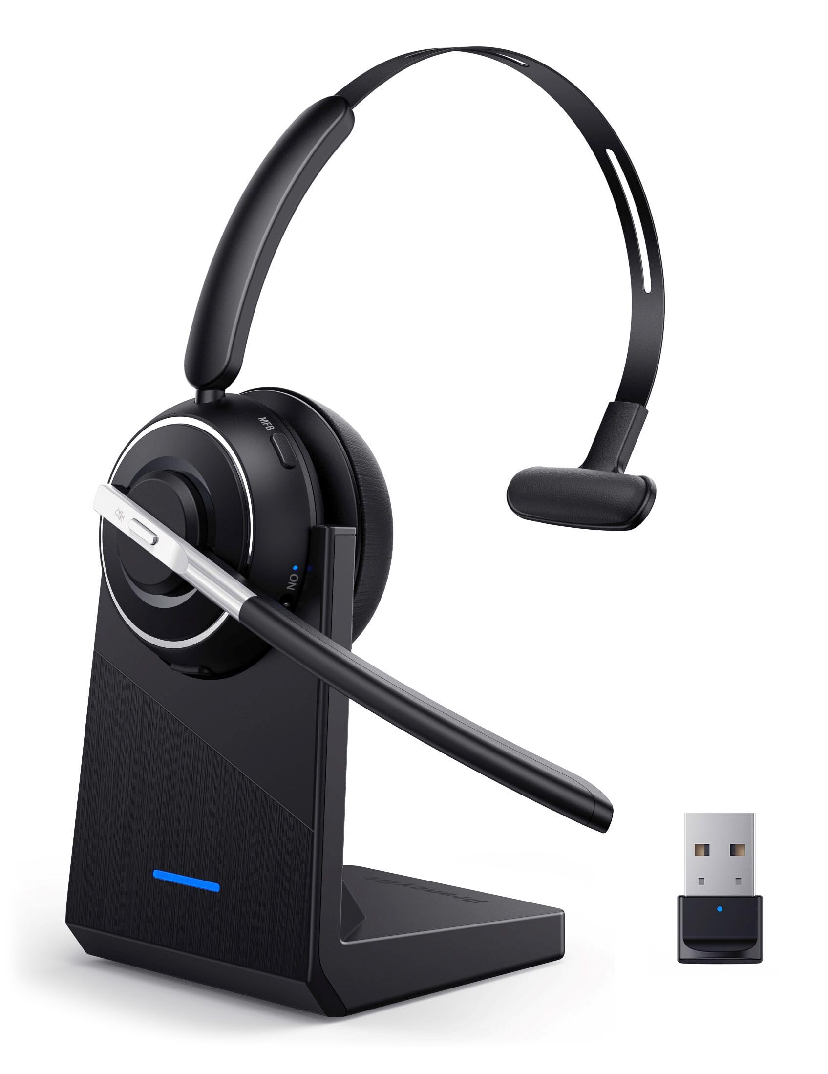 Photo 1 of Bluetooth Headset, Wireless Headset with Microphone for PC, V5.2 Computer Headset with Noise Cancelling Mic, USB Dongle, Charging Base & Mute Button for Work, Cell Phones, Computer (Black)