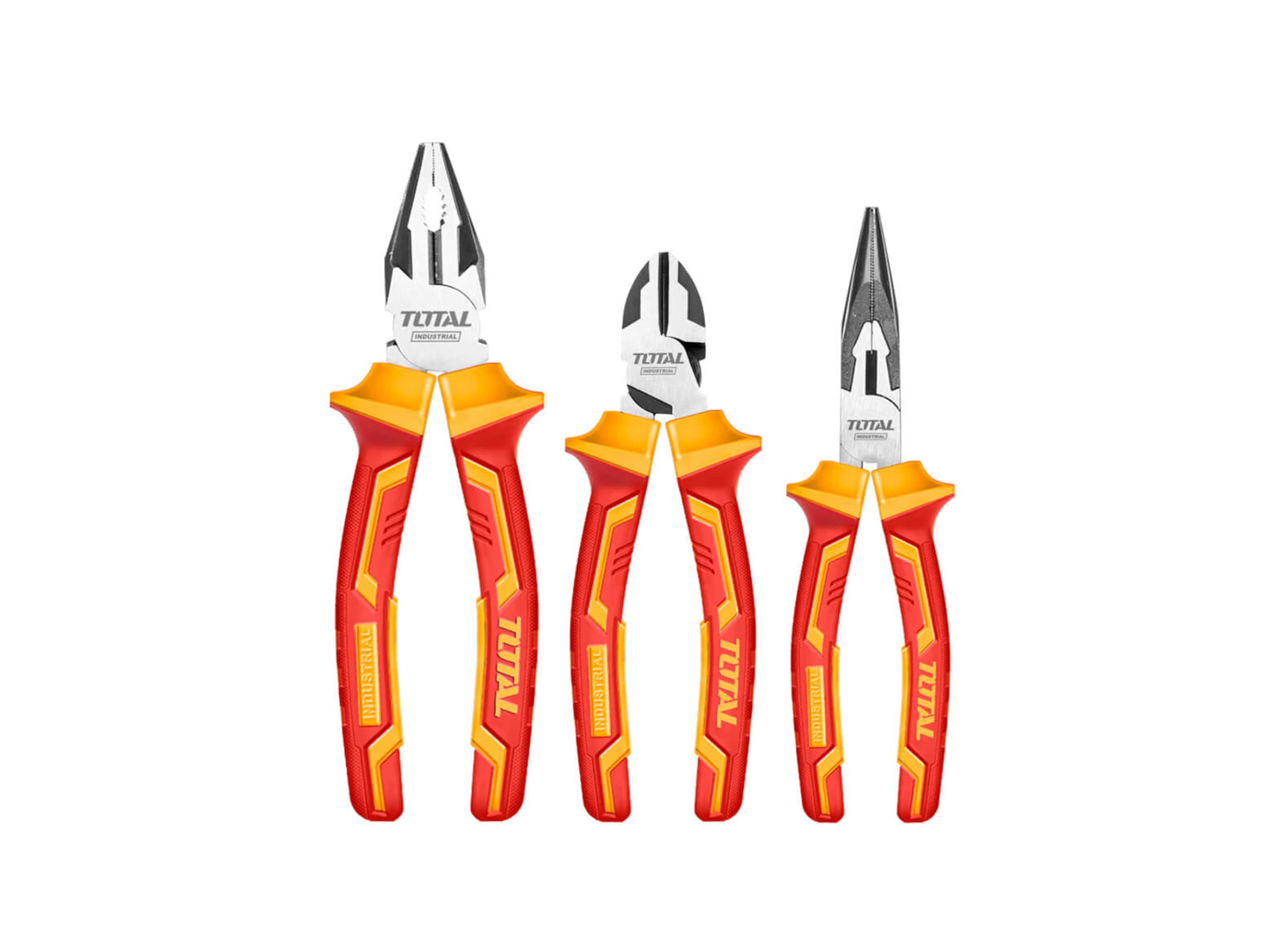Total Insulated Pliers Set of 3 | 1 Insulated Universal Pliers, 1 Diagonal Cutting Pliers and 1 Insulated Flat Nose Pliers | Ergonomic Bi-Material Handle | Cr-V