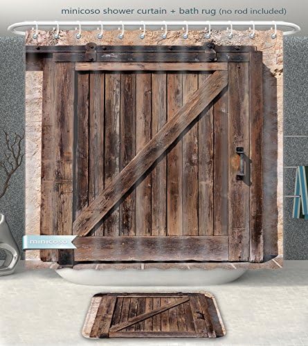 Aireeo Bathroom 2-Piece Suit Rustic Decor Aged Wooden Sliding Barn Door With Vintage Texture Architectural Farm House Print Brown Beige Shower Curtain And Bath Rug Set, 66" Wx71 H &amp; 23" Wx16 H