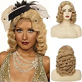 Amnenl Blonde Finger Wave Wigs for Women 1920s Vintage Medium Length Side Part Natural Hair Wig Synthetic Heat Resistant Wig for Daily Halloween Party