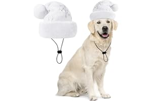 Queenmore Dog Christmas Hat, Dog Santa Hats for Large Dogs, Pet Soft Plush Santa Clause Hats for Cats, Funny Festive Xmas Costume Headwear for Large Size Dogs with Adjustable Band, L White Snowflake