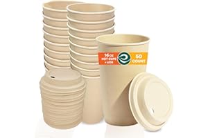 ECO SOUL 100% Compostable plant-starch 16oz hot cups compostable lids | (50 Count, 16 oz Hot Cups) | Disposable Bagasse Paper
