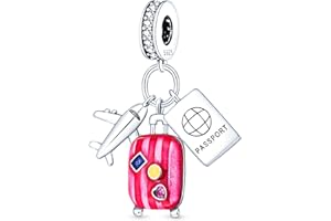 NUJIFFY 925 Sterling Silver Charms Beads for Bracelets Necklaces, Airplane Passport Sister Heart Coffee Music Book Travel Pendant, Pink Color Cute Animal Jewelry Graduation Birth Gifts for Women Men
