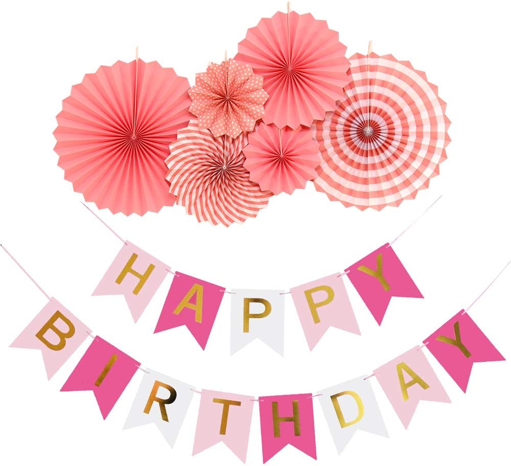 AOCOAKW Pink Birthday Party Decorations for Girls Golden Sparkle Happy