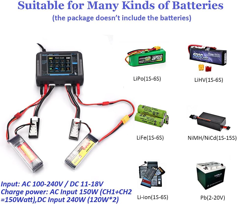 Lipo Battery Charger Touch Screen Dual Balance Discharger Duo AC150W DC240W 10A T240 1-6S RC Li-ion Life NiCd NiMH LiHV PB Smart Battery: Toys & Games