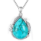 DOLIOX Genuine Teardrop Turquoise Necklace, Sterling Silver Native Western Leaf with Flower Jewelry Birthday Gift for Women
