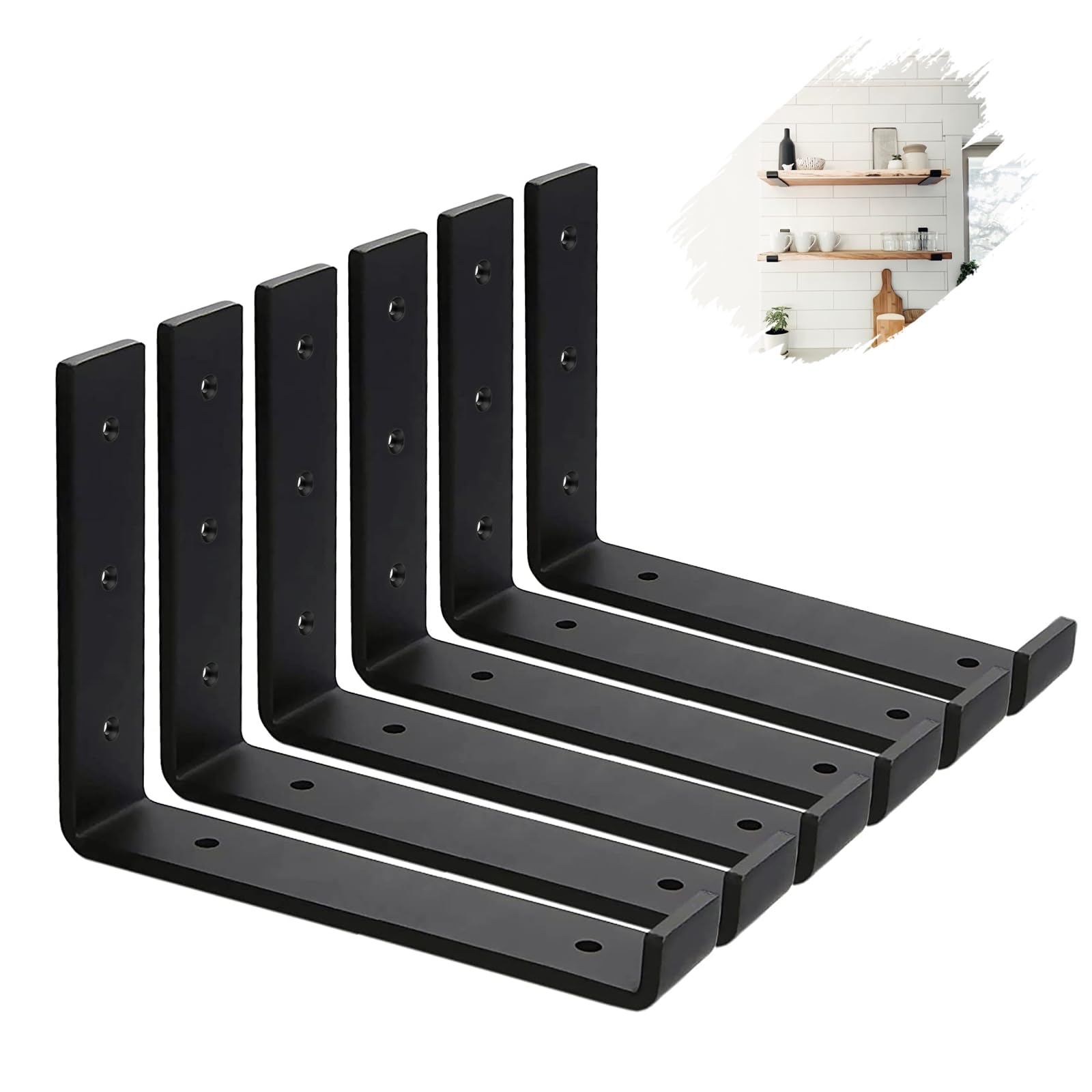 MLOQI 6 Pack Scaffold Board Shelf Brackets with Lips, 5mm Thick Heavy Duty L Wall Brackets for Shelves, Black Industrial Shelves Support (12"x6"/30cm x 15cm)