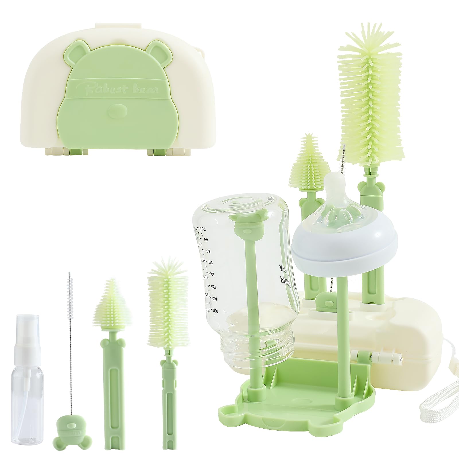 FUSACONY Baby Bottle Brush Set, 7-in-1 Silicone Baby Bottle Brush, Teat Brush, Straw Cleaner, Baby Bottle Drying Rack, Soap Dispenser for Bottles and Storage Case, BPA-Free (Green)