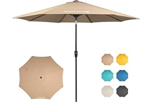 HOMEDEMO 9FT Outdoor Patio Umbrella Outdoor Table Umbrella with Push Button Tilt and Crank, Market Umbrella 8 Sturdy Ribs UV Protection Waterproof(Khaki)