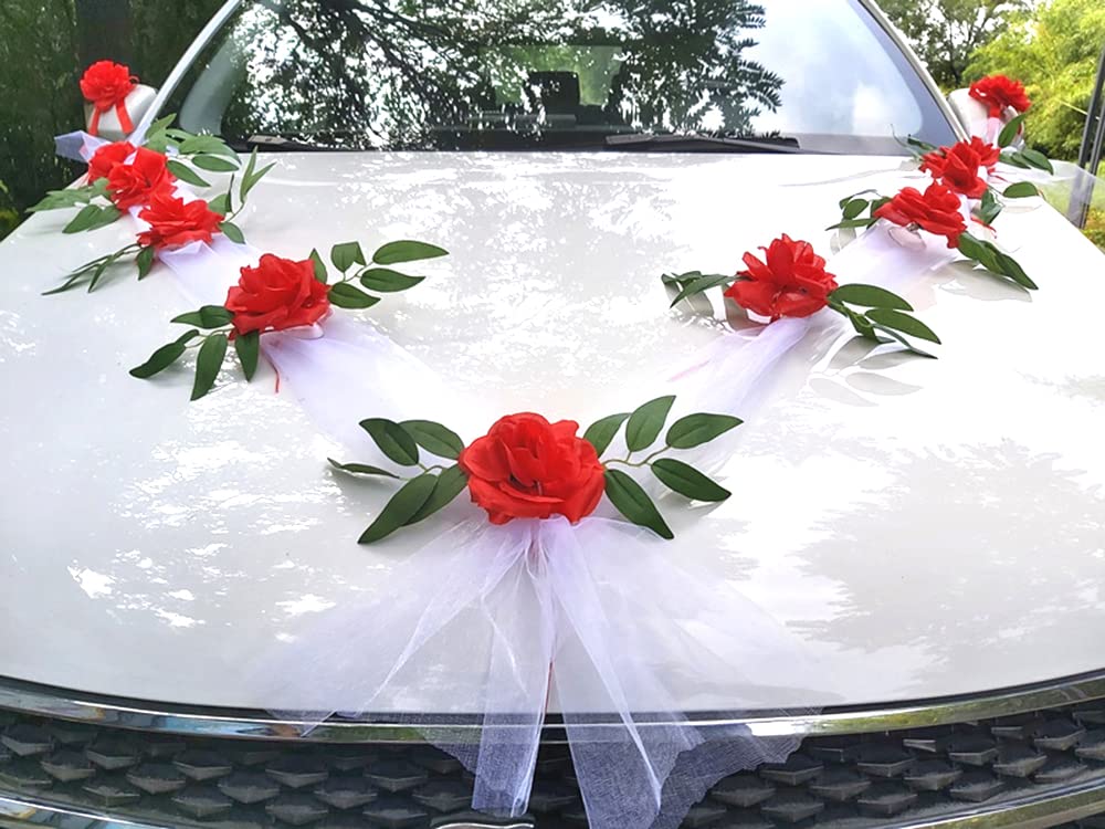 Organza Garland Car Jewellery Bride Couple Roses Wedding Decoration Flower Car Wedding Car Rear View Mirror Decoration for Wedding Car Wedding New Houses Party Celebration White Tulle+Red Flower