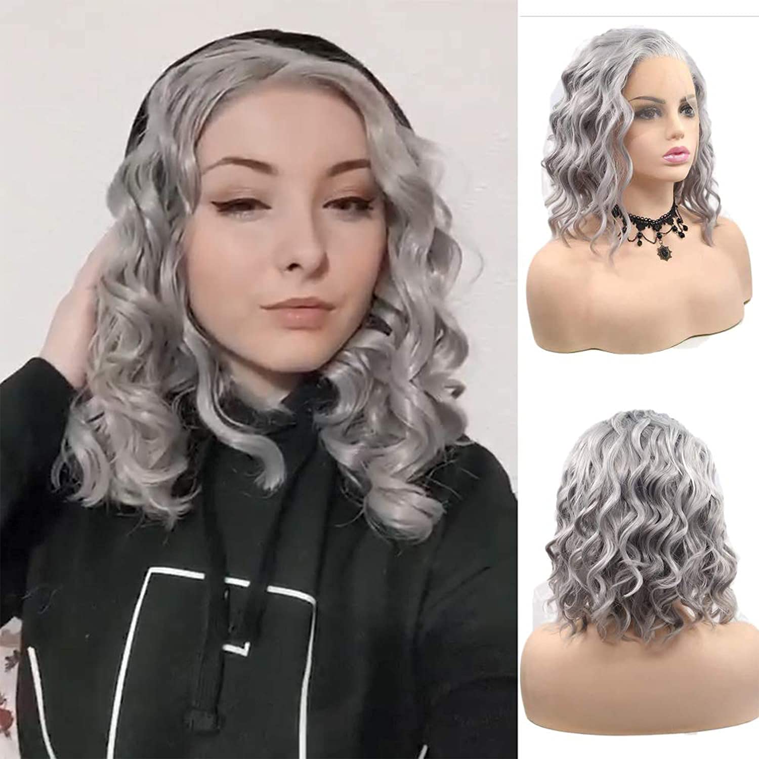 Silver Gray Lace Front Wigs Grey Bob Wigs for Women Short Curly Silver Wig Lace Real Wigs Natural Hairline Glueless Synthetic Lace Front Wig Drag Queen Costume Cosplay 14Inch
