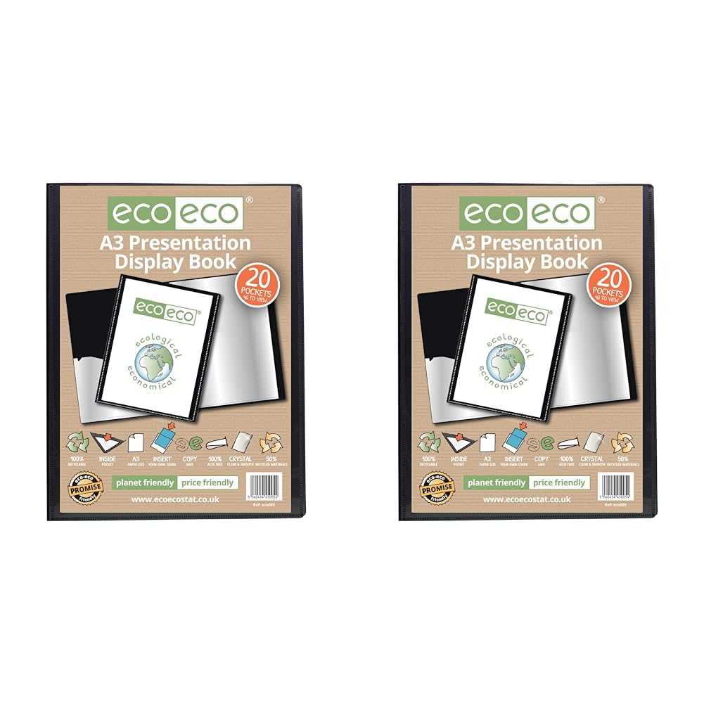 eco-eco A3 Size 50% Recycled 20 Pocket Black Presentation Display Book, Storage Case Portfolio Art Folder with Plastic Sleeves (Pack of 2)