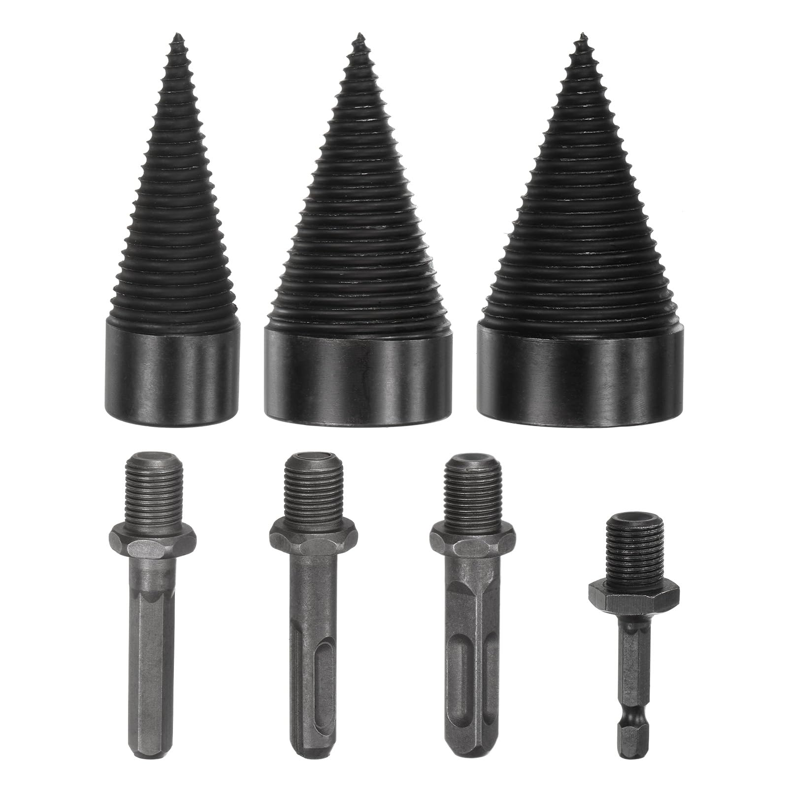 M METERXITY 3-Pack Wood Splitter Drill Bit 32mm + 45mm + 50mm + 4 Handles (Square + Round + Hex Shank + Small Hex) Firewood Log Splitter Drill Bit for Family/Outdoor/Stove/Farm [Black+Grey]