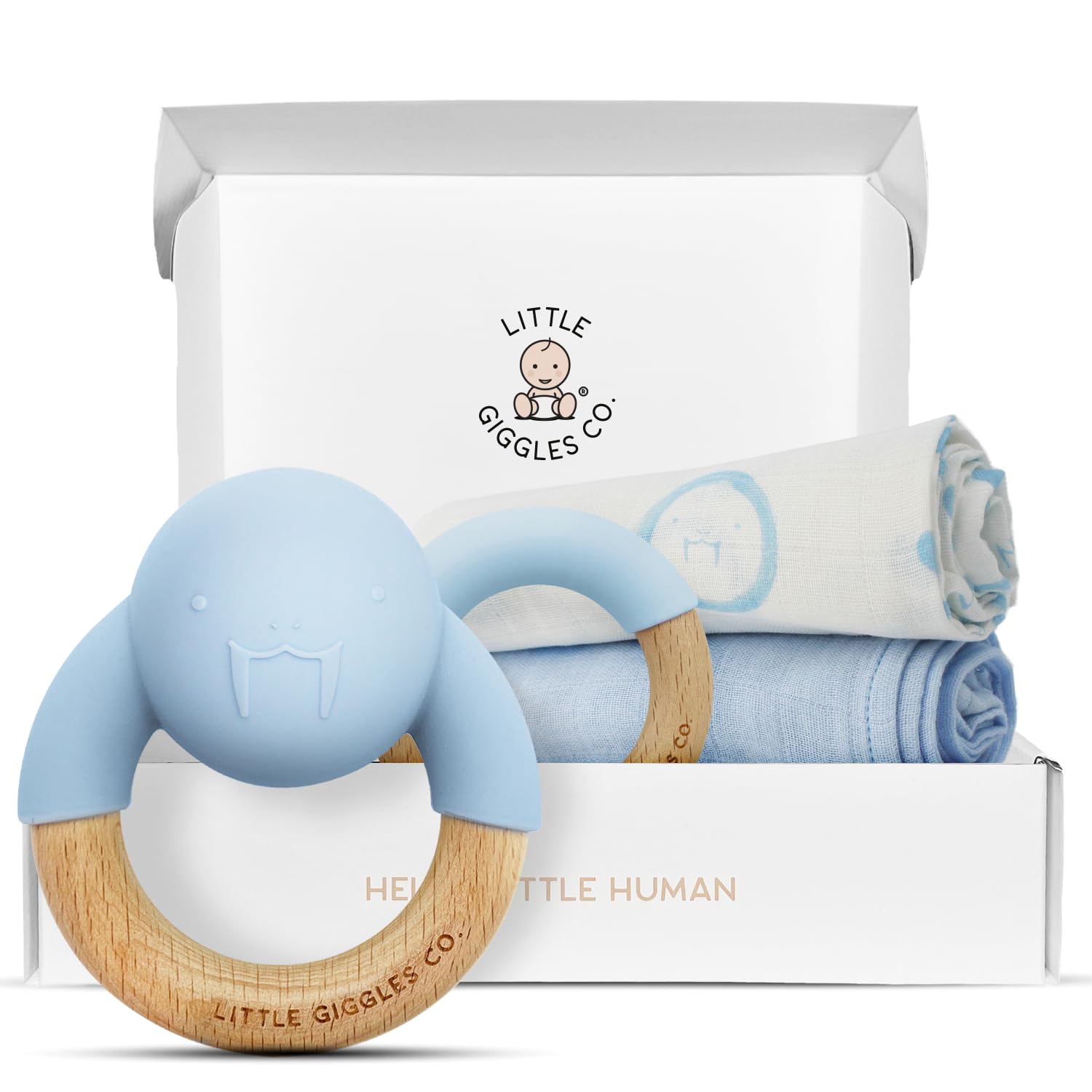 Little Giggles Co.® Baby Gift in Blue - Boys Teething Toys & Large Muslin Cloths Set. Sensory Play Rattle, Soothing Teether Ring, Soft Cotton Muslins. Essentials for Newborn Boy & Baby Shower Gifts