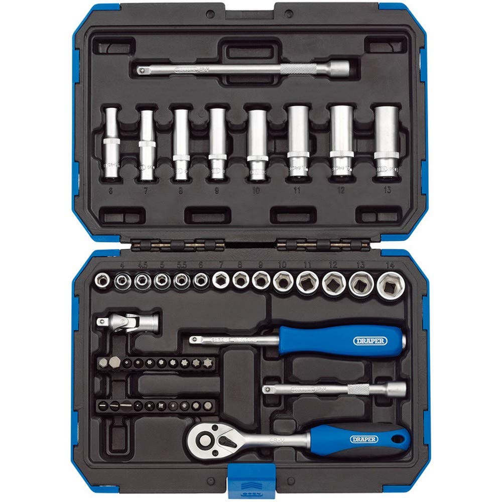 Draper 1/4" 47 Piece Square Drive Metric Socket Set | Micrometre Reversible Hand Tool |Soft Grip Ratchet | 21 Metrics Sockets Mechanics Car Tools | Professional Plastic Storage Case | 16355