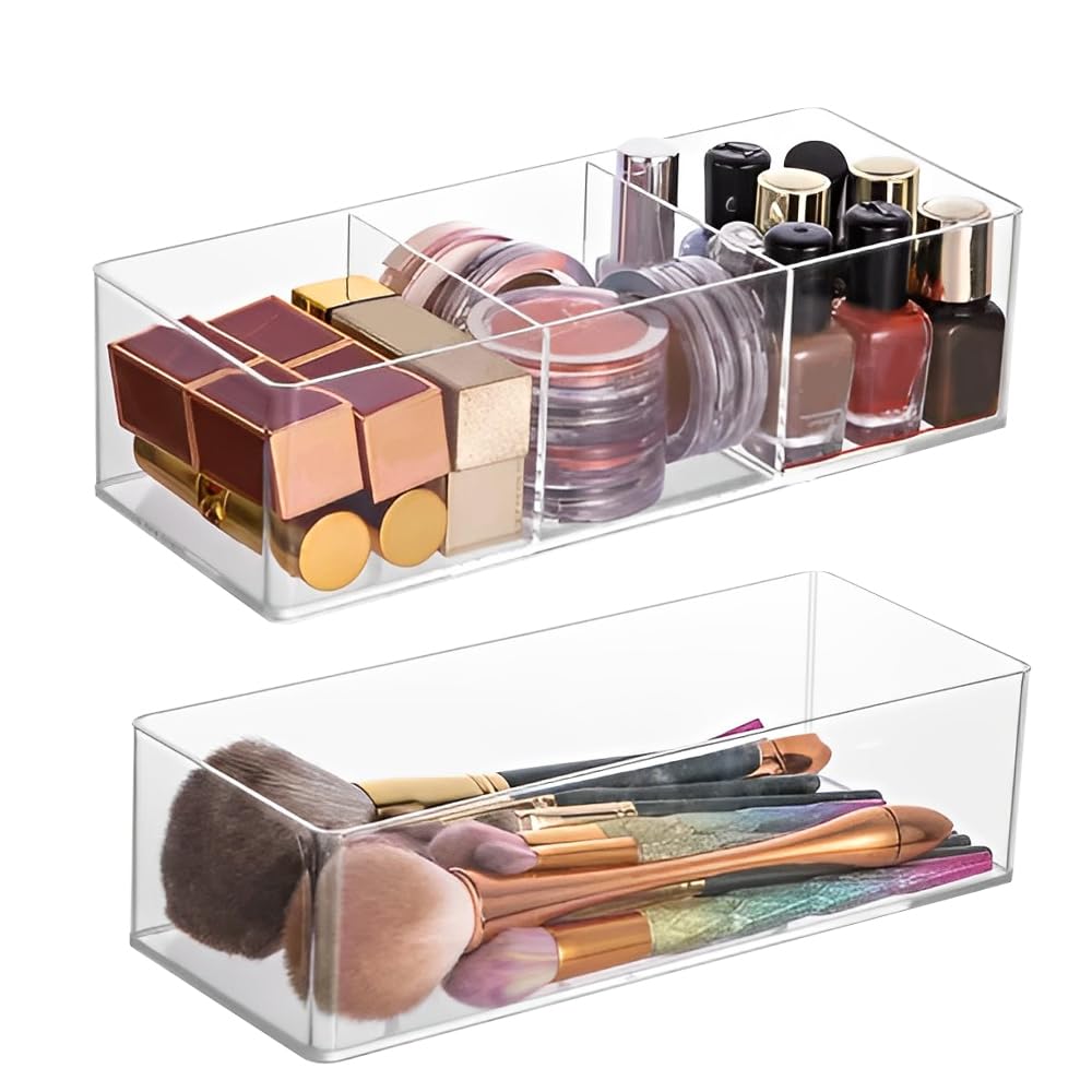 KARBAG Set of 2 Cosmetic Drawer Organiser, 3-Compartment & 1-Compartment Acrylic Makeup Organizer Stackable Organiser Makeup Vanity Organizer Trays Storage for Eyeshadow, Lipstick