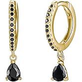 Dainty Dangle Hoop Earrings with Baguette CZ for Women Girls, Sterling Silver Small Huggie Earring with Cubic Zirconia Charm