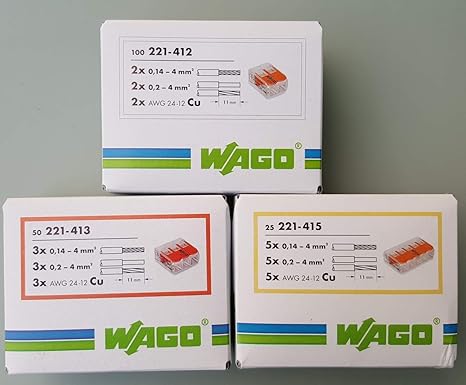 Wago 221 Klemmen SET 50x 221-412, 221-413, 221-415 | Kabel Verbinder in der wiederverschließbaren Box - Original WAGO