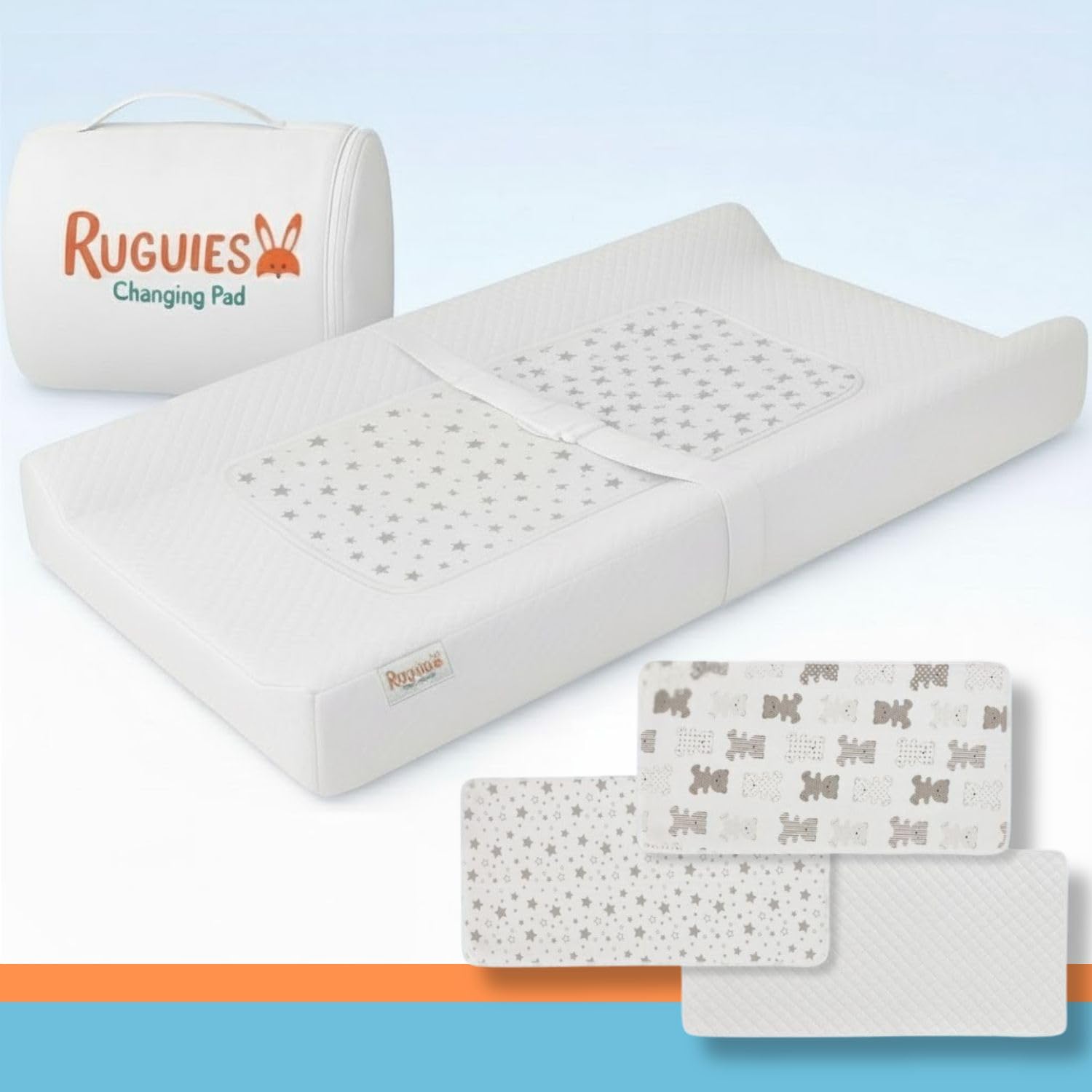 RUGUIES- Baby Changing Mat- Padded and Anti roll- Waterproof Cover +3 Additional Protective Mats- Safety Restraint Strap- Non-Slip Base- Baby Diaper Changing Pad for Dresser Top- Oeko-TEX- 32"x17".