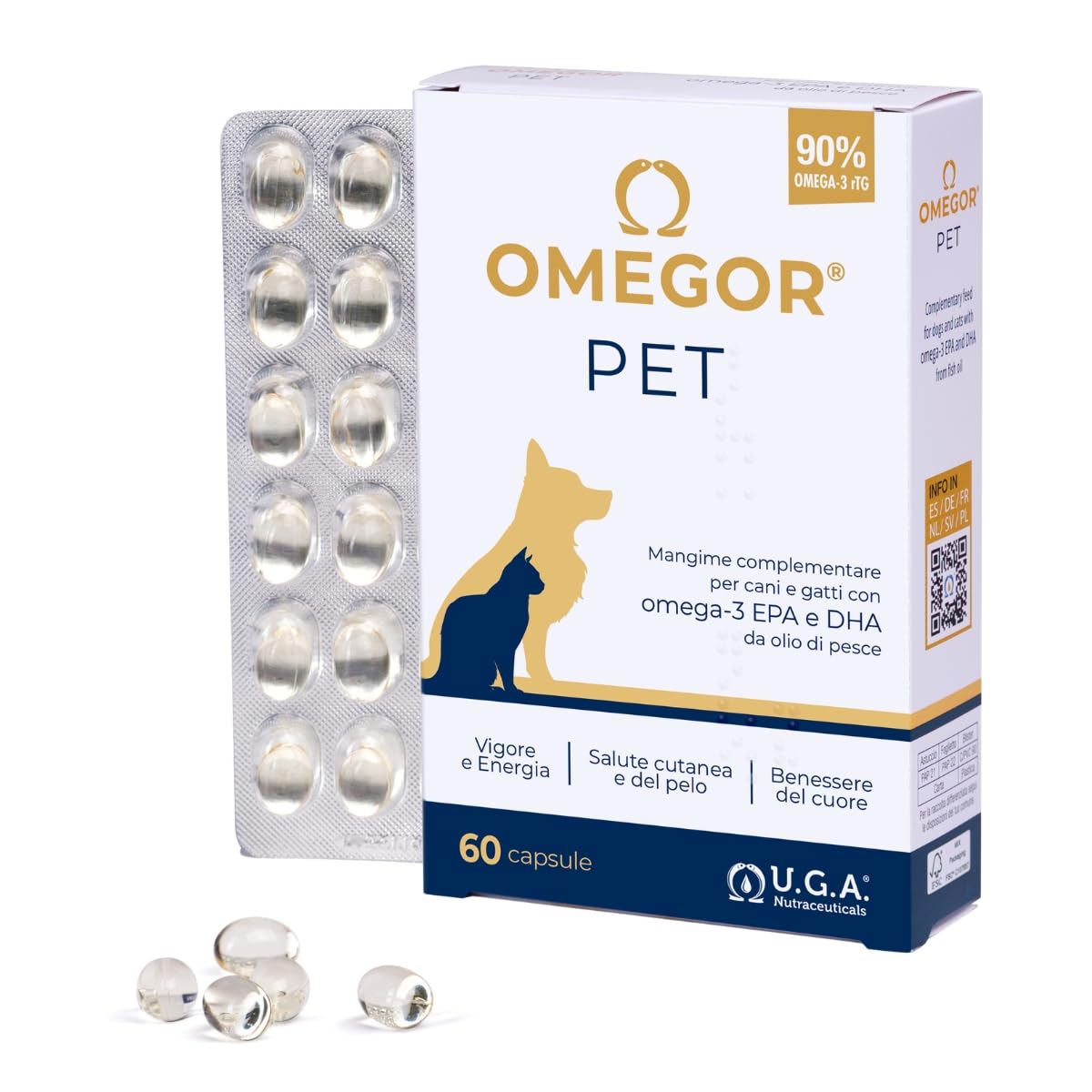 Omega 3 for Dogs and Cats OMEGOR Pet with EPA and DHA from Purified Fish Oil – Omega3 IFOS Certified - 60 Capsules to Keep Your Pet's Hair and Joints Healthy