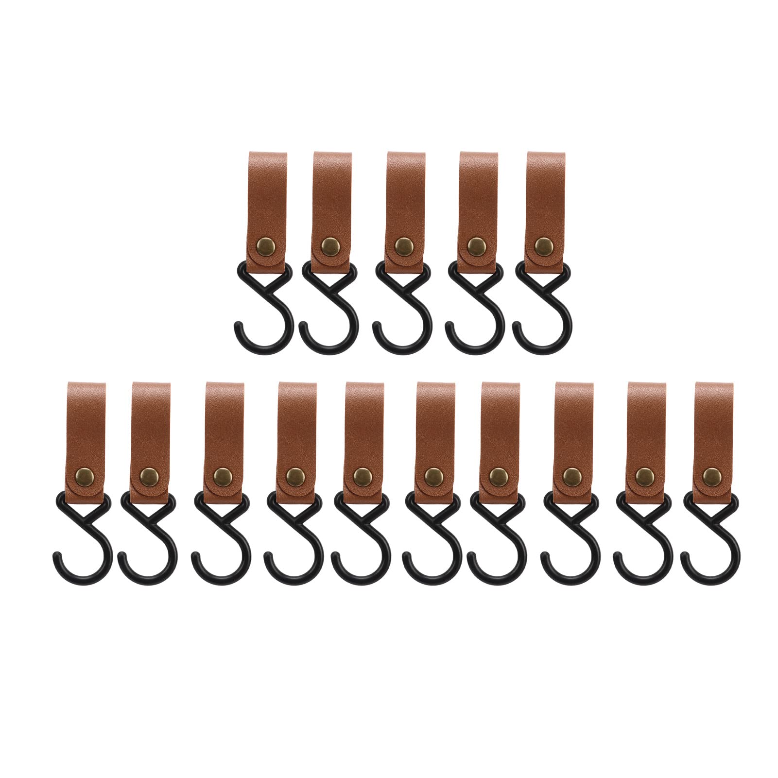 SUNGOOYUE Leather S Hooks, 15pcs High Load Capacity Durable S Hangers for Camping, Kitchen, Bathroom, Closet (Brown)
