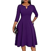 Nmoder Midi Dresses for Women - Fit and Flare 3/4 Sleeve Keyhole Cocktail Church Work Dress with Pockets
