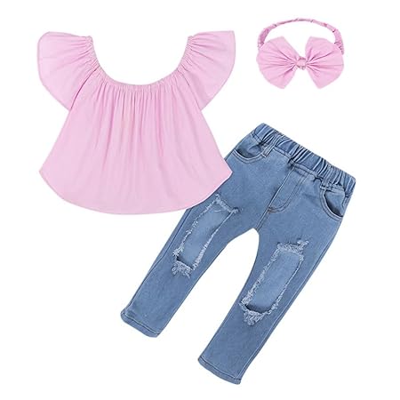 Wongfon Baby Kleidung Set - Mädchen aus Schulter T-Shirt + Zerrissene Jeans + Stirnband Outfit
