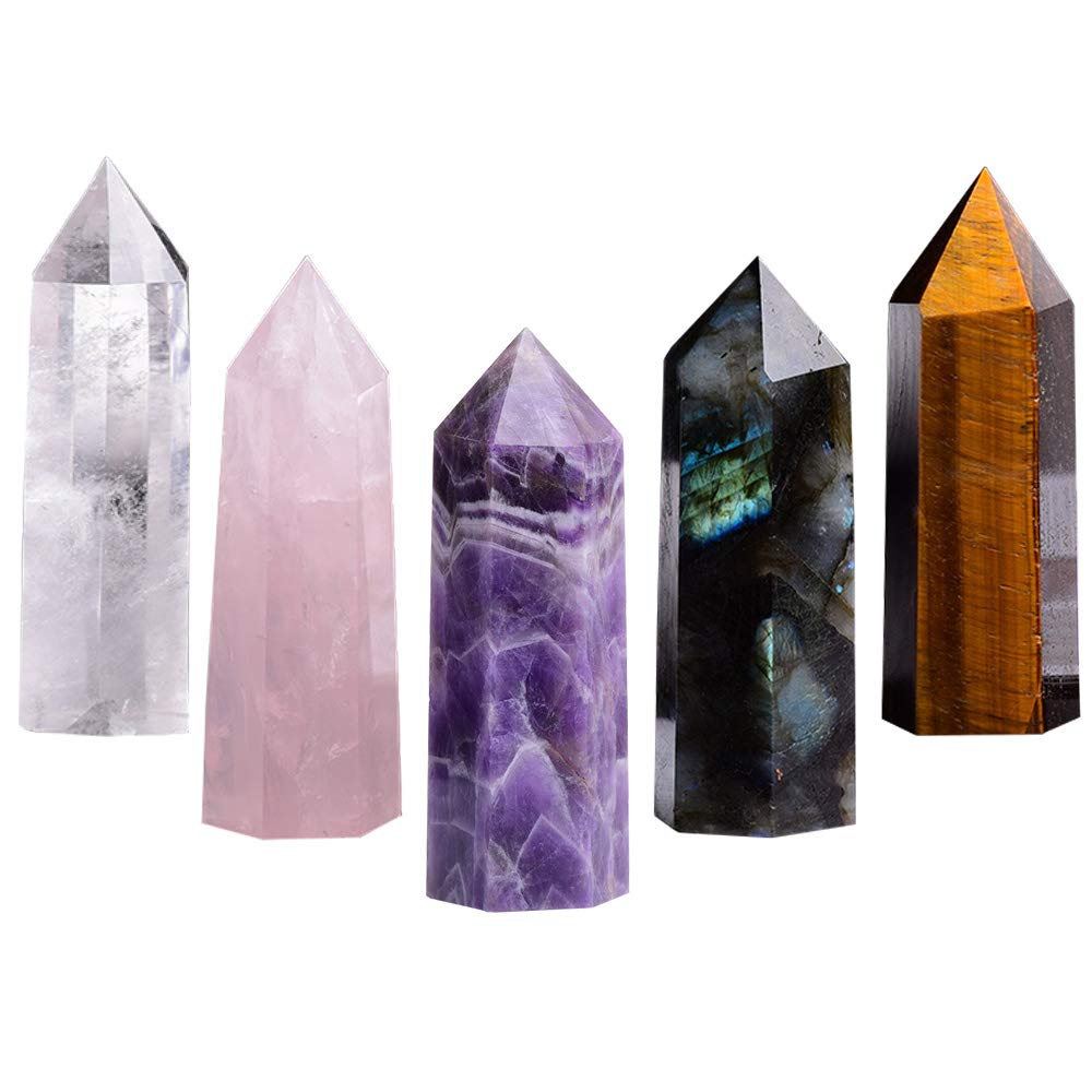 Runyangshi Natural Healing Crystal Wands, 6 Faceted Reiki Chakra Stones, Healing Crystal Single Point Wand Faceted Prism Wand (5pcs, 3.9"-4.3" (10-11cm))