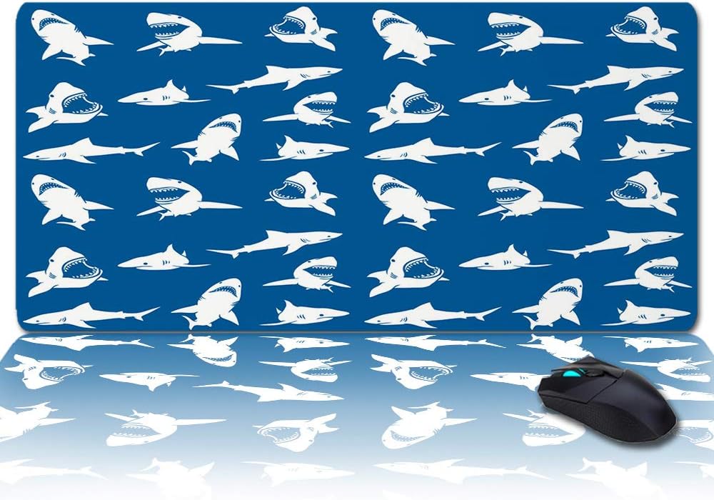 Large Gaming Mouse Pad Desk Mat Great White Shark with Blue Ocean Background Multipurpose Laptop Writing Pad Non-Slip Keyboard Pad for Office Home