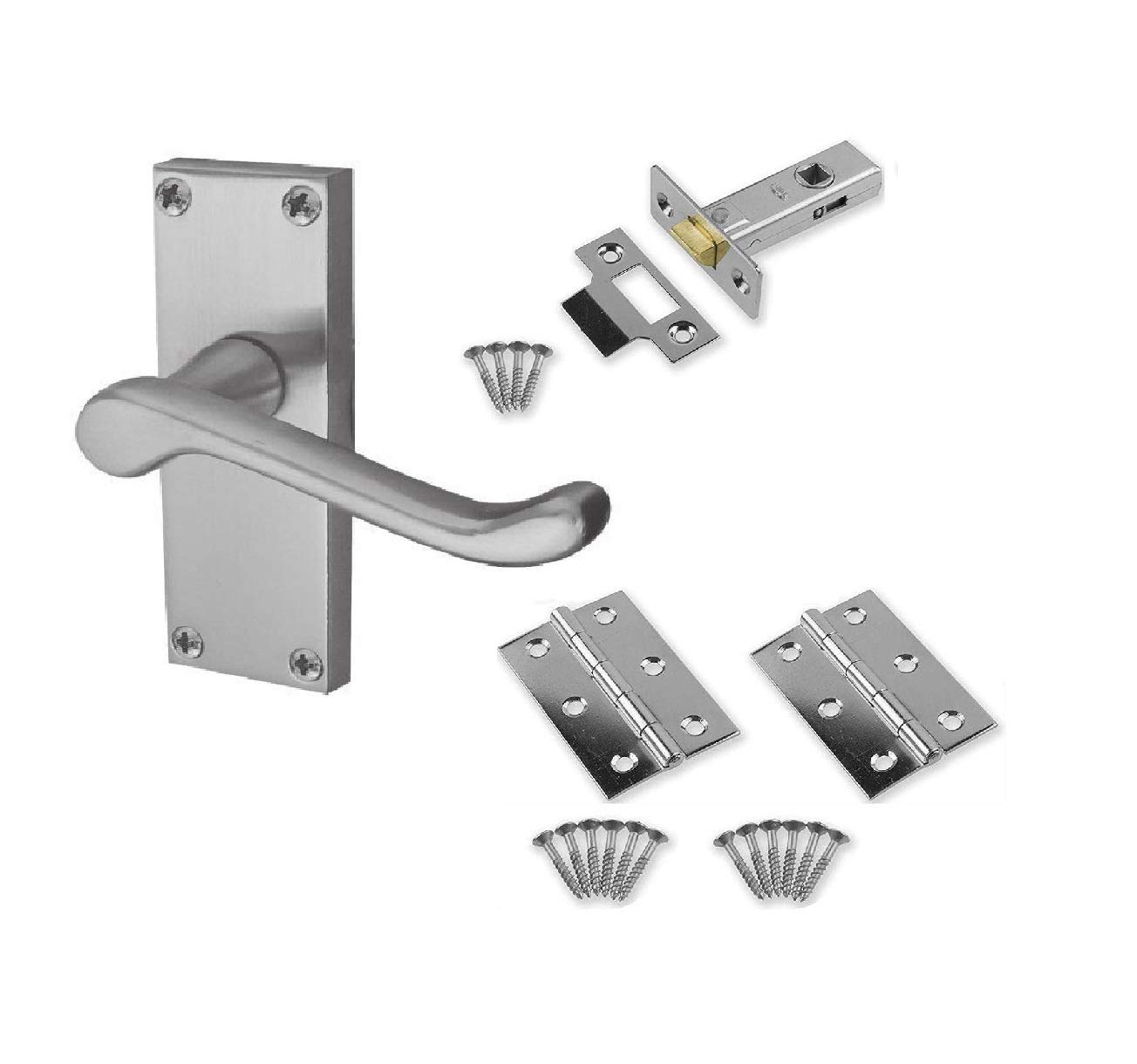 Golden Grace Victorian Scroll Door Handles Latch in Satin Brushed Chrome with Hinges & Latches Pack, 1 Set - 120mm x 40mm Backplate