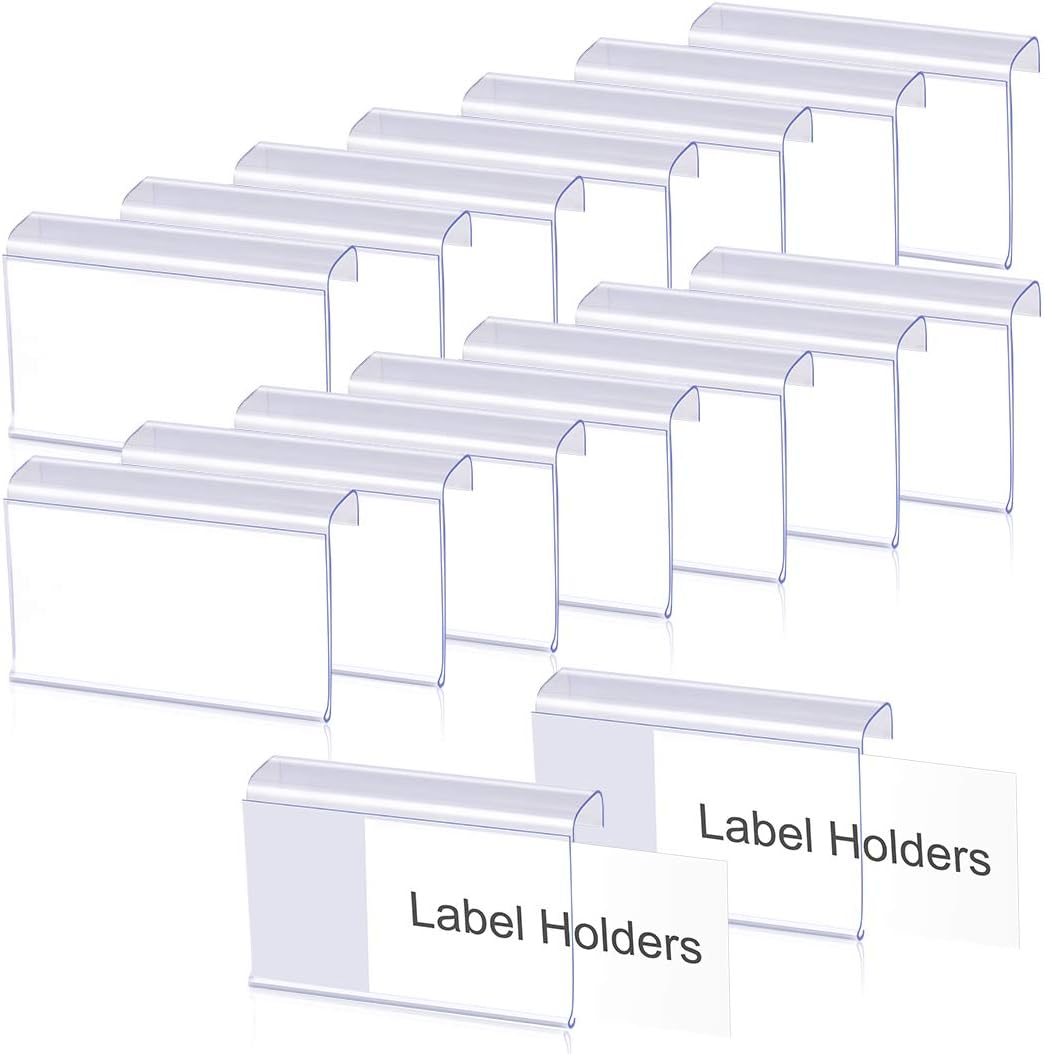 Lenink 30 Pcs Clear Plastic Label Holders, L Shape Sign Holder with 30Pcs Label Paper Compatible with 0.59in Thick Shelves for Supermarkets, Shops, Tables, Shelves Displaying Label Area 3in Lx1.7in H : Office Products