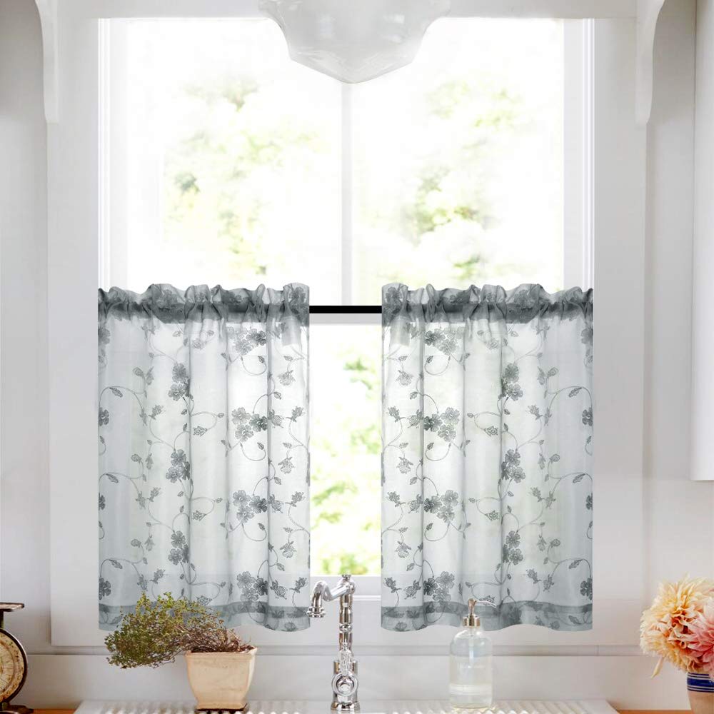 Grey Tier Curtains 45 Inch Length Kitchen Cafe Floral Embroidered Sheer Window Drapes Semi Sheers Voile Floral Curtain Rod Pocket for Bathroom 1 Pair
