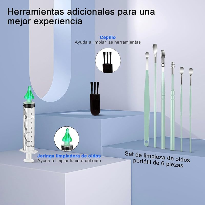 Kit inalámbrico de limpieza de oídos, limpiador de oídos con otoscopio con cámara HD, carga USB, kit de limpieza visual de oídos con 6 LED para el cuidado familiar — foto 5 de 8