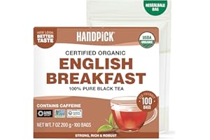 HANDPICK, Organic English Breakfast Black Tea Bags (100 Count) USDA Organic, Non-GMO | Strong, Robust, High-Caffeine Black Tea | Eco-conscious Tea Bags, Brew English Breakfast Tea & Kombucha Tea