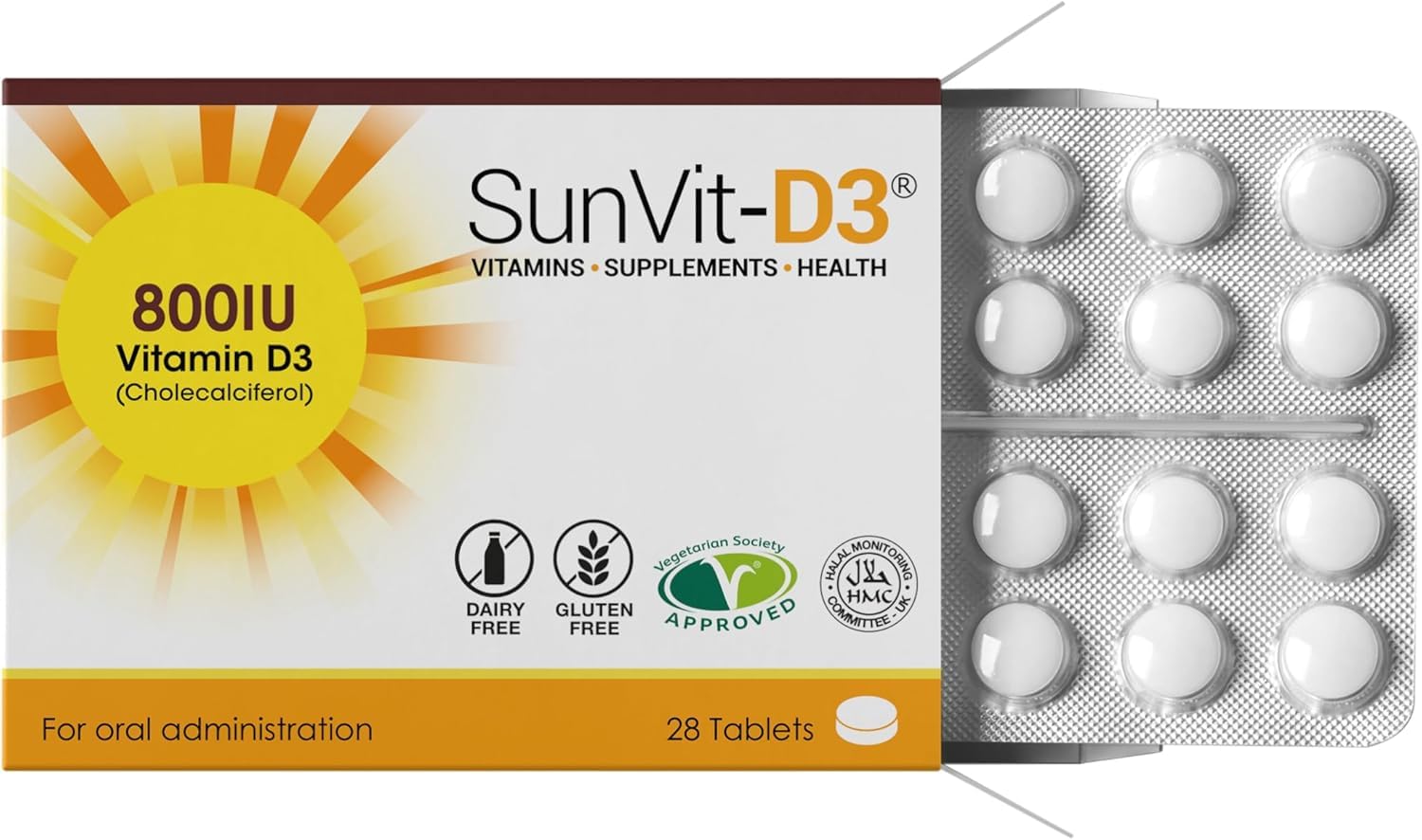 SunVit-D3 Vitamin D 800IU Tablets - Cholecalciferol Vitamin D Tablets Support The Maintenance of Bone, Teeth, Muscle & Immune System | Made in UK & GMP Approved - D3 Vitamins 28 Convenient Tablets