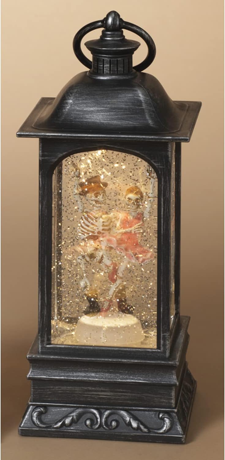 Snow Globes - One Holiday Way 9-Inch Animated Light Up Halloween Snow Globe Water Lantern with Skeleton Figurines Dancing Side by Side - Spinning Ballerina Lighted Mantel, Table Decoration - Tabletop Party Decor
