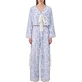 Thopavenoir Womens Lace Ruffle Pajama Set 2 Piece Tie Front Cute Floral Printed Cotton Shirt and Long Pants Sleepwear