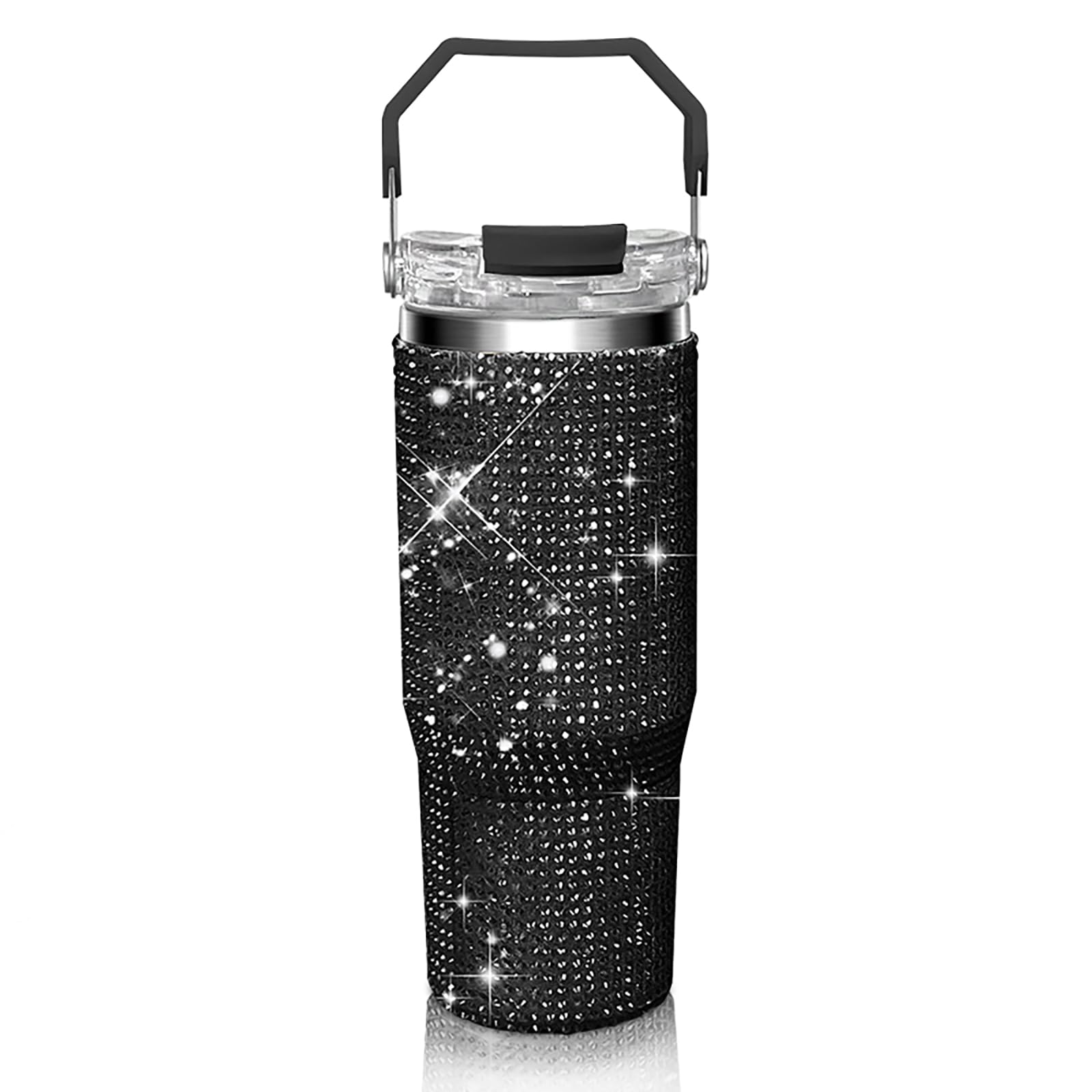 Bling Rhinestone Studded Tumbler with Top Handle, Bling Cups Stainless Steel Water Bottle Diamond Glitter Tumbler for Women - Birthday Gifts for Women, Mom,Get Well Soon Gifts (Black)