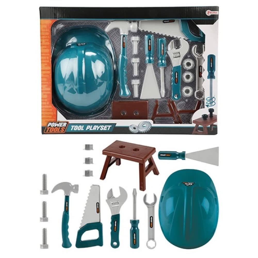 POWER TOOLS Tool Set with Construction Helmet No Apply Building Games, Multi-Colour (38162A)