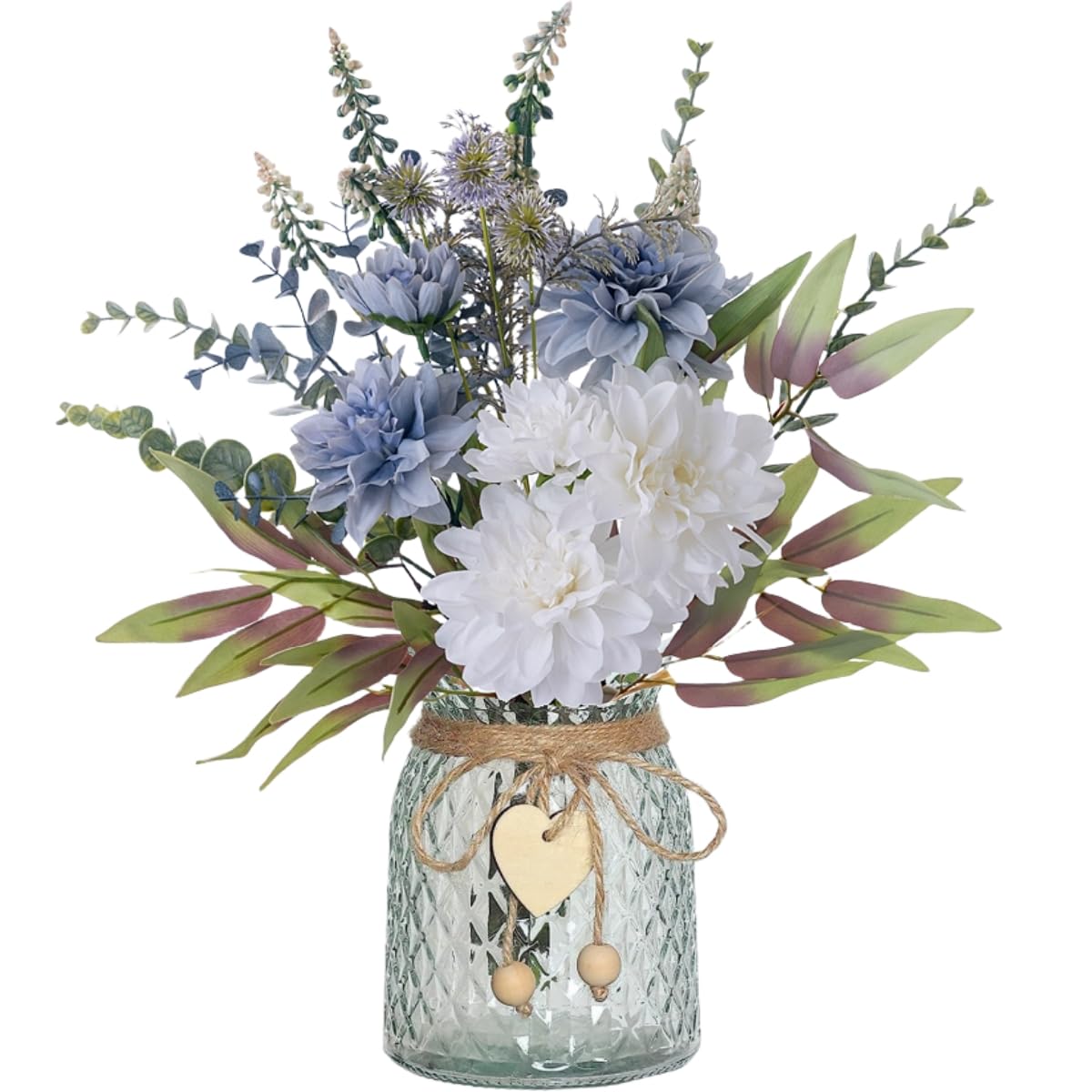 YELIKIT Artificial Flowers with Glass Vase Fake Flower Bouquet Faux Rose in Vases for Home Dcor Flowers Modern Home Decor Table Decorative Flower Vase for Dinner Office Bedroom, Blue