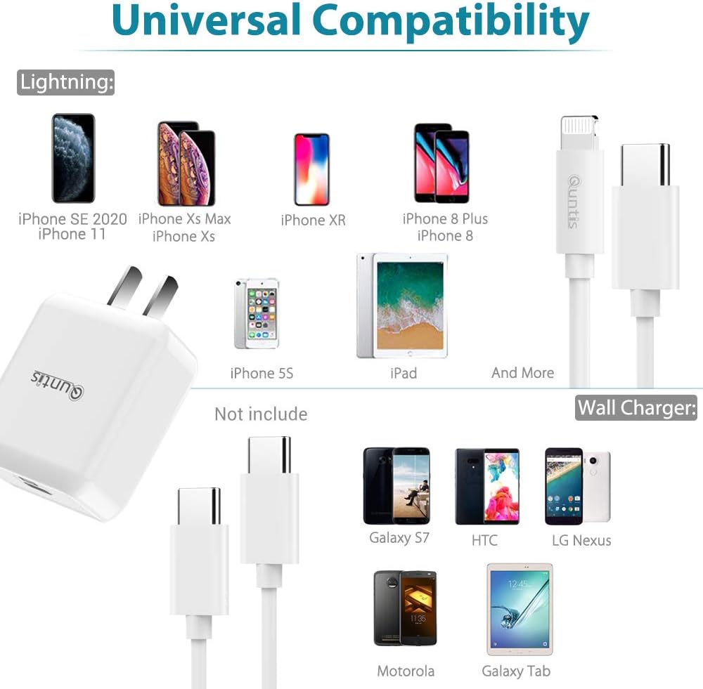 iPhone Fast Charger MFi Certified - Quntis 18W USB C Power Delivery Wall Charger Plug with 6FT C to Lightning Cable Type C Charger for iPhone 12 SE 2020 11 Xs Max XR X 8 Plus iPad Pro
