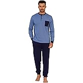 Keyocean Mens Henley Pajama Set, Soft Cotton Long-Sleeve T-Shirt & Pants 2-pieces PJ Set for Sleeping