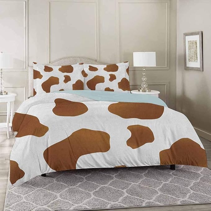YUAZHOQI Cow Print Duvet Cover Sets Queen, Brown Spots on a White Cow Skin Abstract Art Cattle