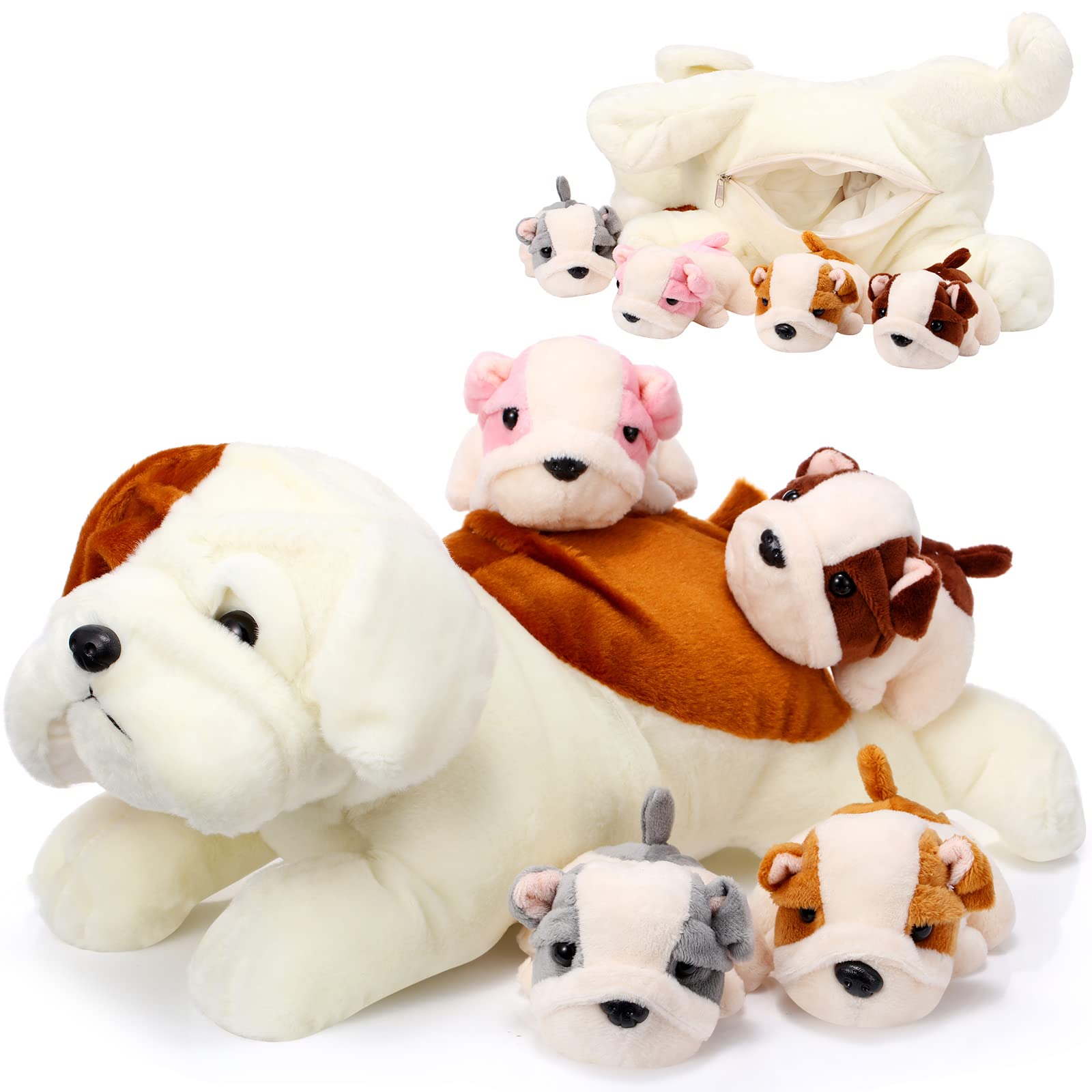 SKYLETY 5 Pieces Dog Stuffed Animal Puppy Stuffed Animal 1 Big Mommy Dog with 4 Mini Baby Cute Soft Plush Dog Stuffed Dog with Puppies for Birthday Children's Party (Bulldog)
