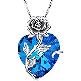 OCJ Valentines Day Gifts for Women Birthstone Necklace 925 Sterling Silver Rose Flower Heart Pendant Necklace Fine Jewelry Anniversary Valentine Birthday Gifts for Women Her Wife Girlfriend