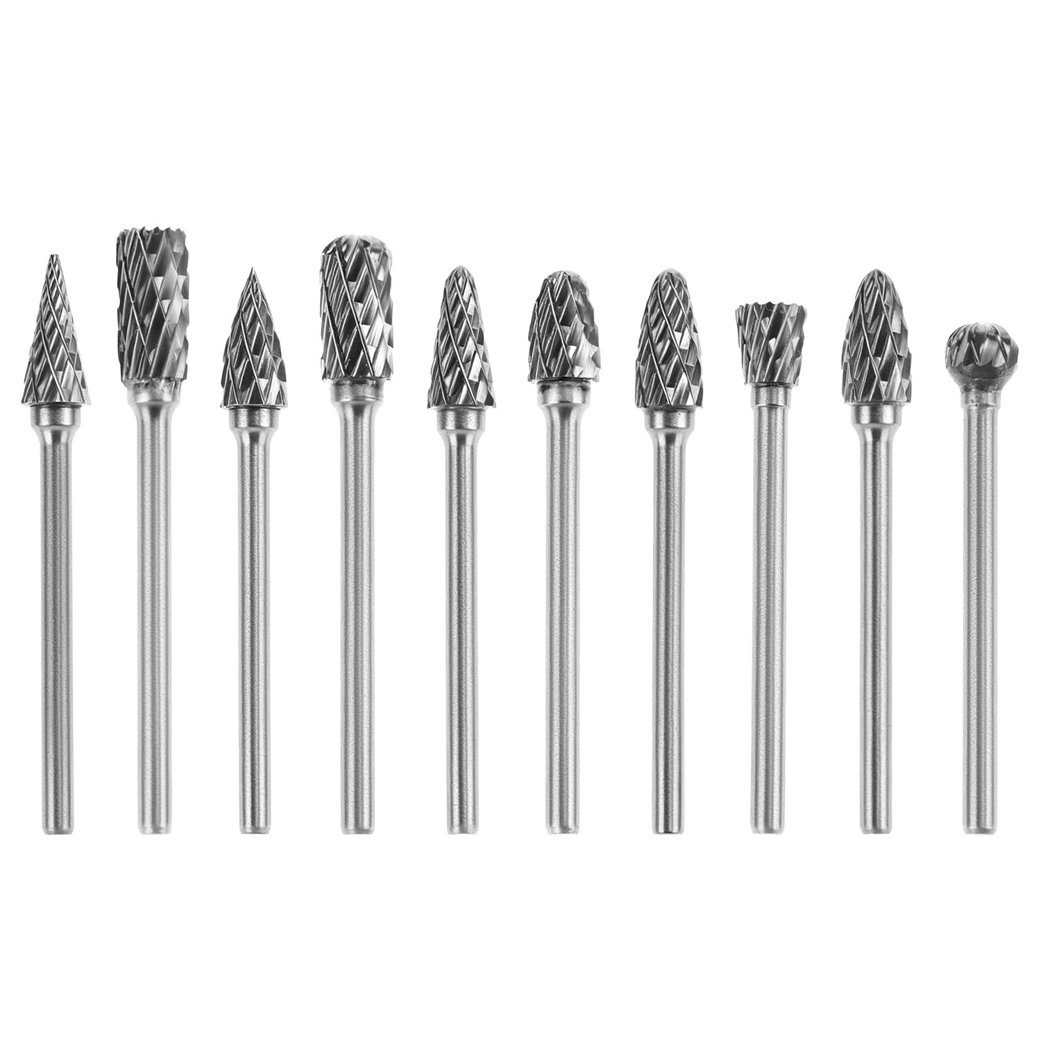 QWORK® 10 Pcs Rotary Burrs Set, Tungsten Carbide Steel, Double Cut, 1/8” Shank, 1/4” Head, Suitable for DIY, Woodworking, Metal Polishing, Engraving, Drilling