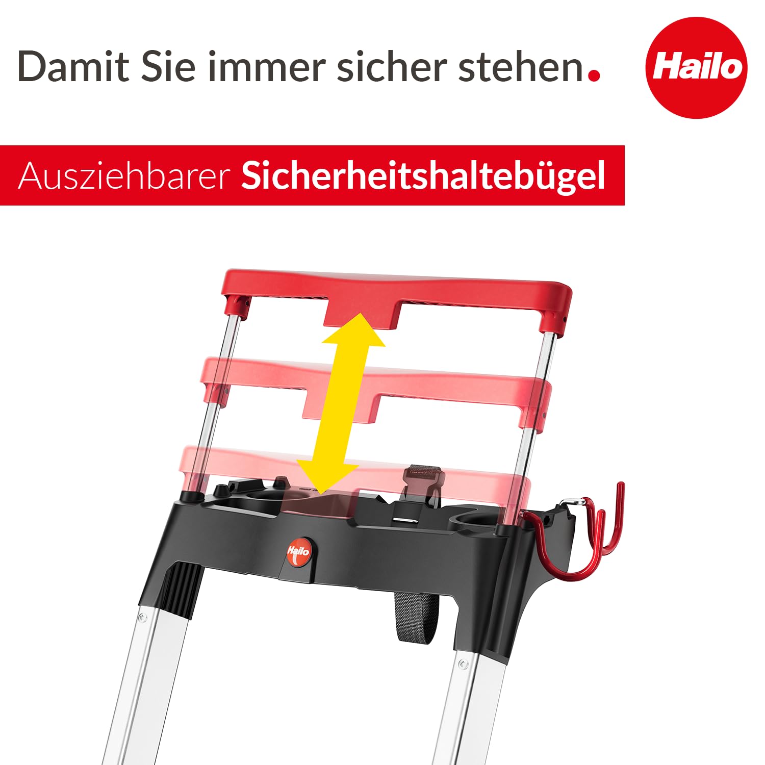 Hailo L100 Topline Alu-Sicherheits-Stehleiter - 8 XXL-Stufen bis 150 kg - Stehleiter mit ausziehbarem Haltebügel, Plattformverriegelung - viel Zubehör - klappbare Aluleiter Made in Germany - schwarz 3