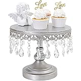 10 Inch Cake Stand Round with Crystal Pendants and Beads, Metal Dessert Cupcake Display for Wedding, Event, Birthday Party (S