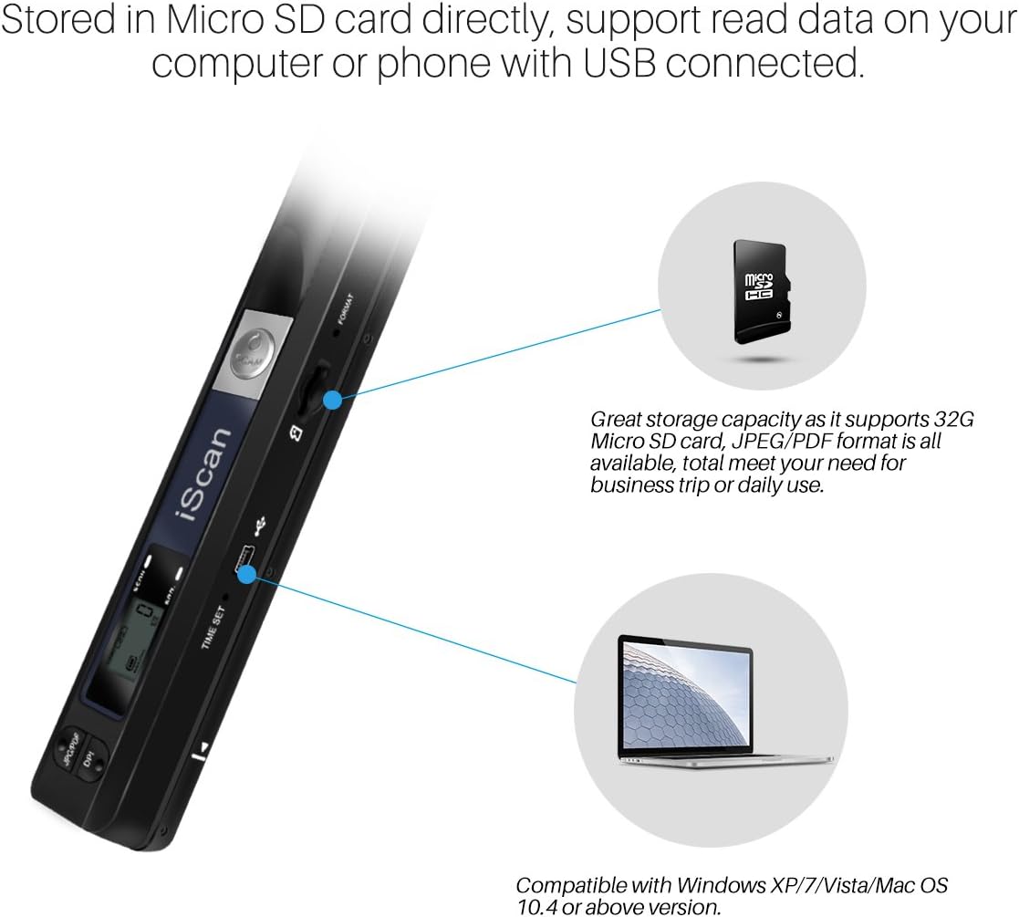 Portable Handheld Scanner, Moontie Document Wand Scanner Handheld for Business Photo Picture Receipts Books JPG/PDF Format Selection Micro SD Card Hand Scanner-B: Electronics